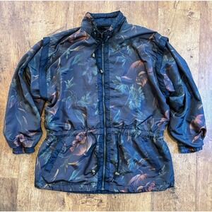 Vintage Lavon Jacket Womens Size L‎ Black Floral Full Zip Nylon Windbreaker 90s